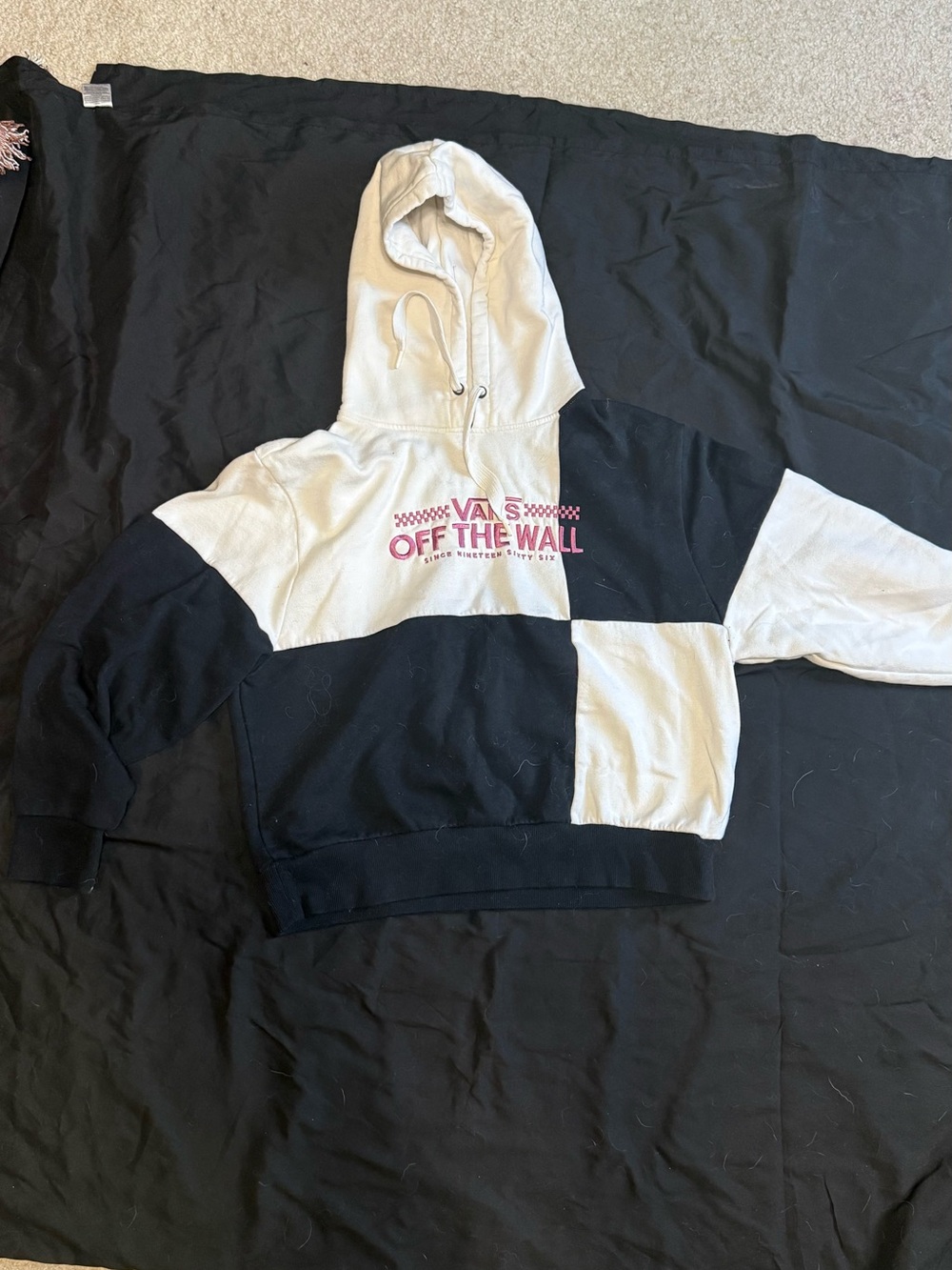 Vans Black and Cream Colorblock Hoodie with Pink Logo